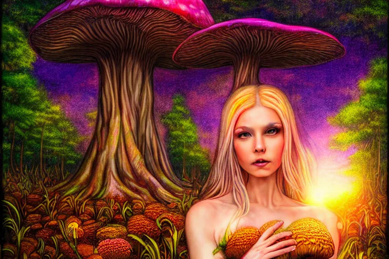 Image similar to a realistic portrait of a beautiful mushroom goddess in an enchanted psychedelic mushroom forest, at sunset, wlop,