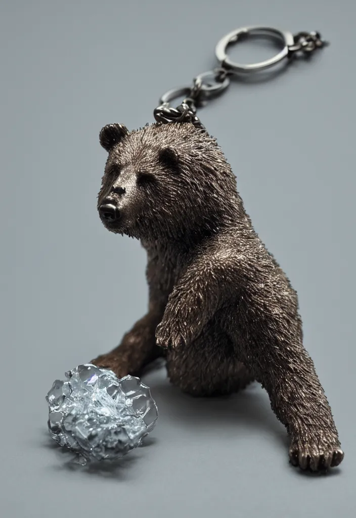 Image similar to a small crystalized bear keychain by greg rutkowski, sung choi, mitchell mohrhauser, maciej kuciara, johnson ting, maxim verehin, peter konig, 8 k photorealistic, cinematic lighting, hd, high details, dramatic, atmosphereric, trending on artstation