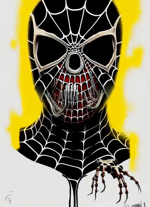 Image similar to highly detailed closeup portrait of a cyborg venom symbiote in spiderman suit with skeleton skull face, black hoodie by atey ghailan, by greg rutkowski, by greg tocchini, by james gilleard, by joe fenton, by kaethe butcher, gradient, yellow, black, brown and white color scheme, grunge aesthetic!!! white graffiti tag wall background