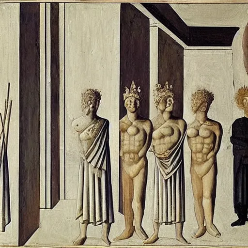 Image similar to a parade of disconnected images : a greek god in formal clothes, obscure corners of nameless interiors, astronomical diagrams projecting the distances between celestial bodies, a painting by giorgio de chirico, a list of unpopular anagrams.