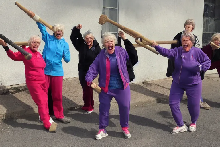 Prompt: a gang of old ladies waving sledge hammers and wearing track suits laughing maniacally and screaming