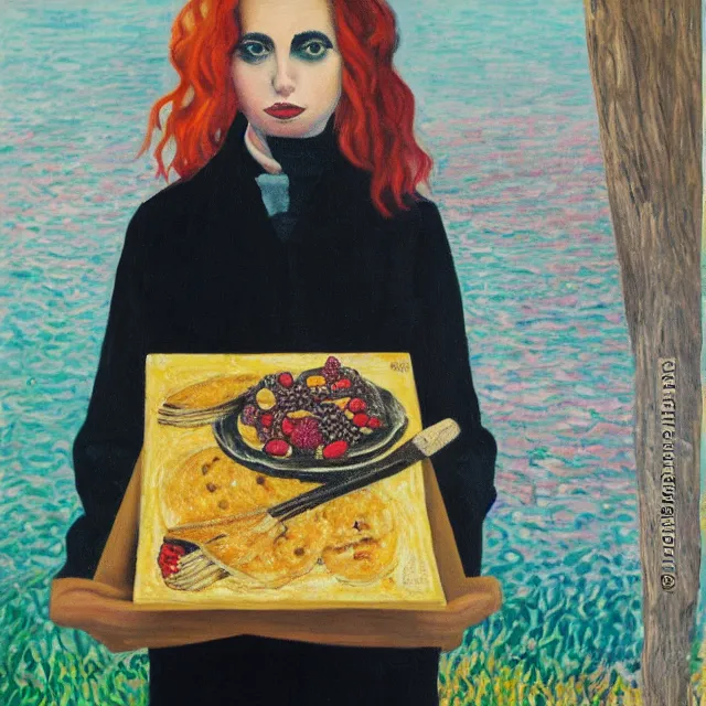 Prompt: tall emo female artist holding an artist's palette, pancakes, in chippendale sydney, gold bars, maple syrup, snails, berries, pigs, octopus, broomstick, acrylic on canvas, surrealist, by magritte and monet