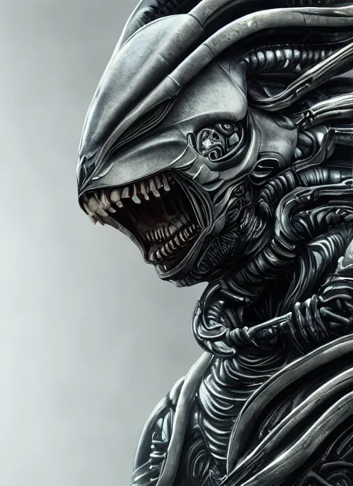 Image similar to engineer prometheus, xenomorph alien, highly detailed, symmetrical long head, smooth marble surfaces, detailed ink illustration, raiden metal gear, cinematic smooth stone, deep aesthetic, concept art, post process, 4k, carved marble texture and silk cloth, latex skin, highly ornate intricate details, prometheus, evil, moody lighting, hr geiger, hayao miyazaki, indsutrial Steampunk