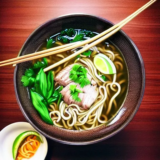 Image similar to realistic photo of delicious pho, ramen, highly detailed, by marc haydon, kailee mandel, masterpiece, award winning, food photography