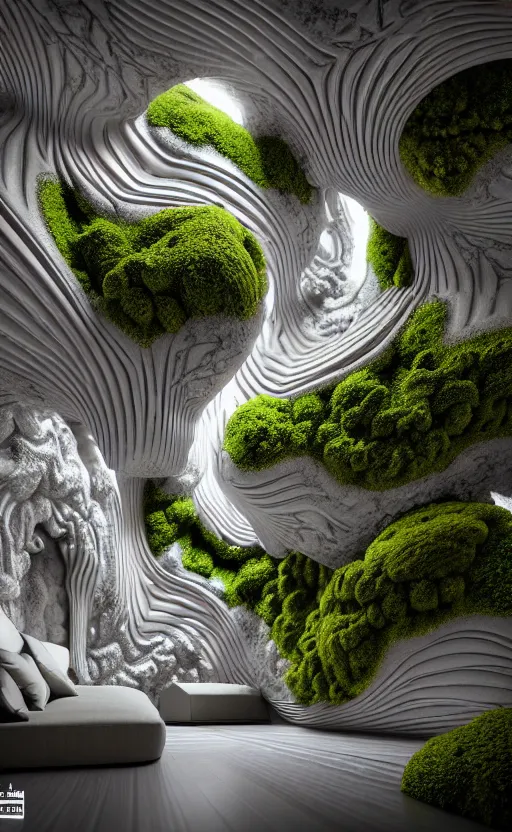 Image similar to highly detailed ultra sharp 3 d render villa interior cinematic composition of a smooth ceramic porcelain biomorphic magnolia stone nebula fluid fractal sci - fi surreal architecture landscape, granite, metallic, magnesium, marble, moss and lichen, vincent callebaut composition, mamou - mani, archviz, beautiful lighting, 8 k, unreal engine, hdr,