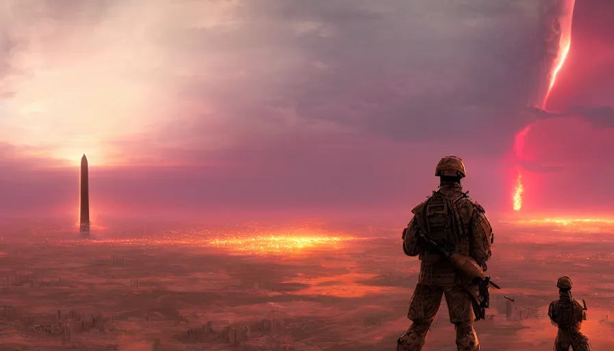 Image similar to back view of soldiers watching huge nuclear explosion in the horizon over washington dc, hyperdetailed, artstation, cgsociety, 8 k