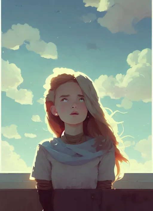 Image similar to portrait of cute maiden girl cowered, cloud sky background, by atey ghailan, by greg rutkowski, by greg tocchini, by james gilleard, by joe gb fenton, by kaethe butcher, dynamic lighting, gradient light blue, brown, blonde cream and white color in scheme, grunge aesthetic