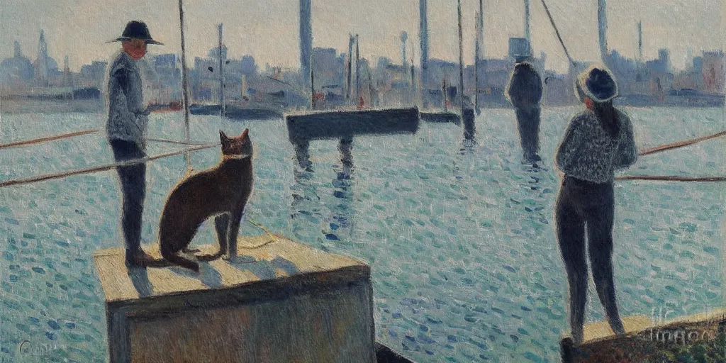 Prompt: cat sitting on the pier fishing, expressive oil painting by christopher radlund and camille pissaro