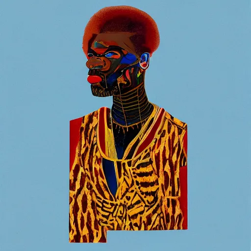 Prompt: a professionally Collage painted african male model , clothed in ancient street wear, dark skin, red gold hair, big scar on face, beautiful bone structure, symmetrical features, stunningly beautiful, intricate, elegant, digital painting, smooth, sharp focus, illustration, made by, Jacob Lawrence, Sam Gilliam, Edmonia Lewis, Jean-Michel Basquiat, Henry Taylor,