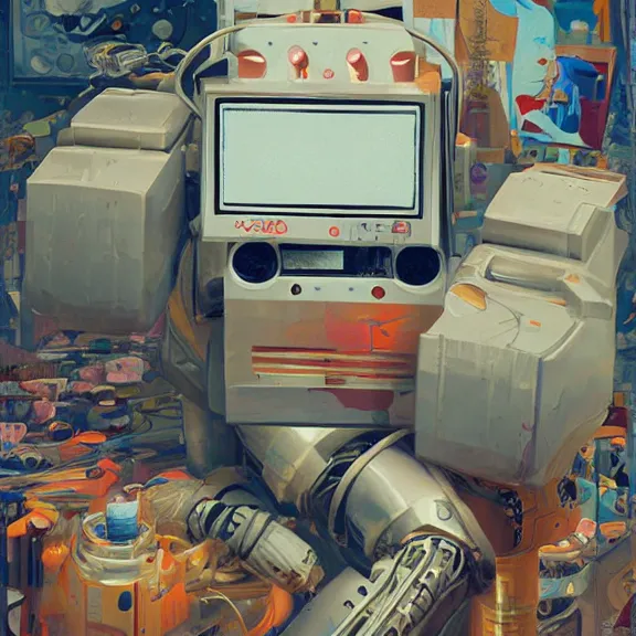 Prompt: robot artist painting a self - portrait on a canvas. intricate, highly detailed, photorealistic, film still, by alexandros pyromallis, sachin teng, gil elvgren.