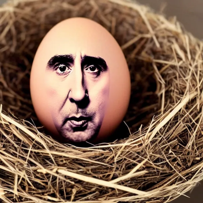 Prompt: an unhatched egg that looks like nicolas cage, nicolas cage's face on an egg, in a nest, macro shot, high detail photo, close up, cute, adorable, smiling, happy