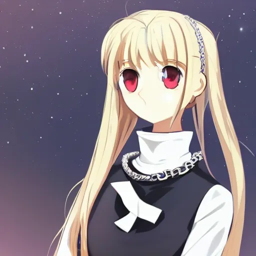 Prompt: beautiful girl with red eyes, short blonde hair, ahoge hair, wearing a white turtleneck sweater, wearing a detailed chain-link necklace, arcueid, in the style of type-moon studios, extremely clean lines, anime and manga style