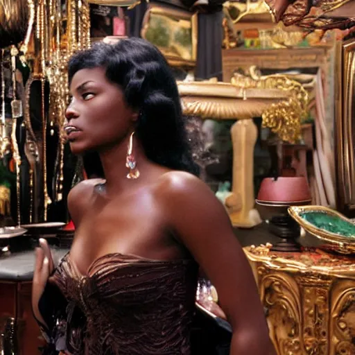 Prompt: the image is a lost hollywood film still 2 0 0 0 s photograph of a black woman with dark brown skin, long, swirling black hair, and jade colored eyes, the goddess of mischief going antique shopping for her lover. vibrant cinematography, anamorphic lenses, crisp, detailed image in 4 k resolution.