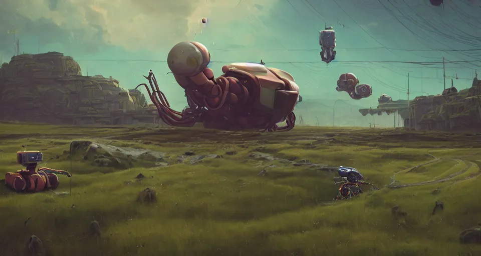 Image similar to Landscape with a GIANT MECHANICAL SHRIMP, looming over the landscape, robot shrimp, cinematic, rendered by simon stålenhag, rendered by Beeple, Makoto Shinkai, syd meade, inspired by Gundam, environment concept, digital art, unreal engine, 3 point perspective, WLOP, trending on artstation, low level, 4K UHD image, octane render,