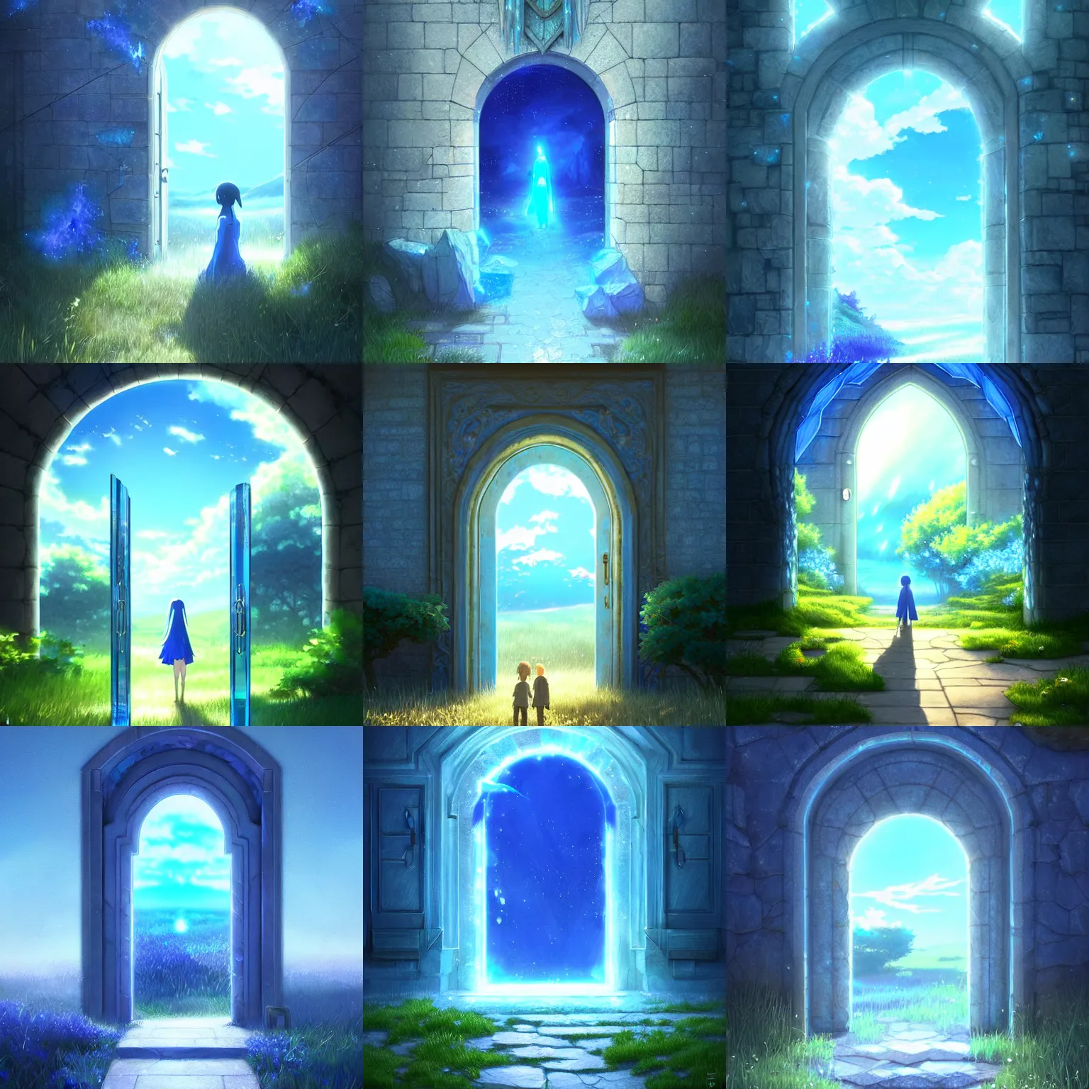 Prompt: an interedimensional doorway made of blue crystal, surround by a field, a fantasy digital painting by makoto shinkai and james gurney, trending on artstation, highly detailed