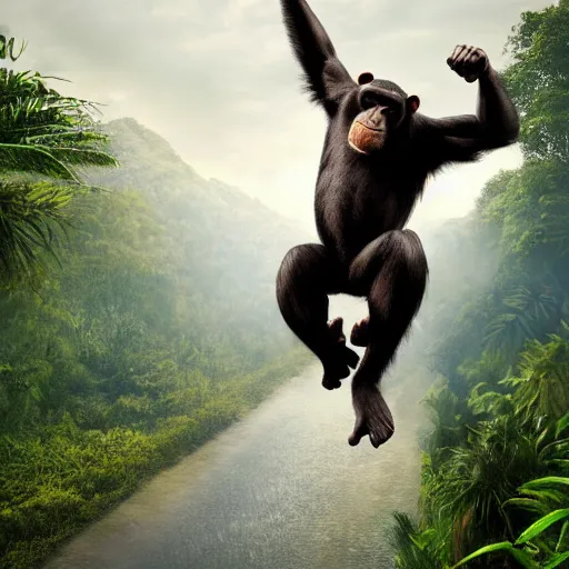 Image similar to Angry Chimpanzee Jumping, Epic Jump, Cinematic Photo, Cinematic Shot, Jungle, Foliage Boris Vallejo, Epic, 8k resolution, ArtStation, Hyperrealistic