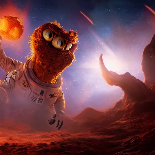 Image similar to eldritch horror bloody garfield in space, hd, 8 k, giant, epic, realistic photo, unreal engine, stars, prophecy, powerful, cinematic lighting, destroyed planet, debris, violent, sinister, ray tracing, dynamic, epic composition, dark, horrific, teeth, grotesque, monochrome drawing, hellscape