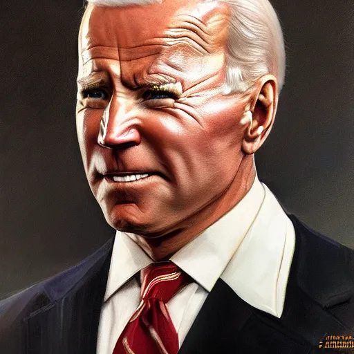 Image similar to the ultimate gigachad, incredibly muscular joe biden, joe biden with chiseled jawline, trending on /r/moreplatesmoredates, oil on canvas artstation by J. C. Leyendecker and Edmund Blair Leighton and Charlie Bowater octane render