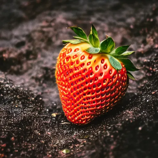 Prompt: high quality presentation photo of a golden strawberry, photography 4k, f1.8 anamorphic, bokeh, 4k, Canon, Nikon