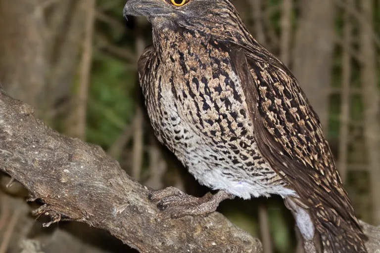 Image similar to ! human nightjar werecreature, photograph captured at woodland creek