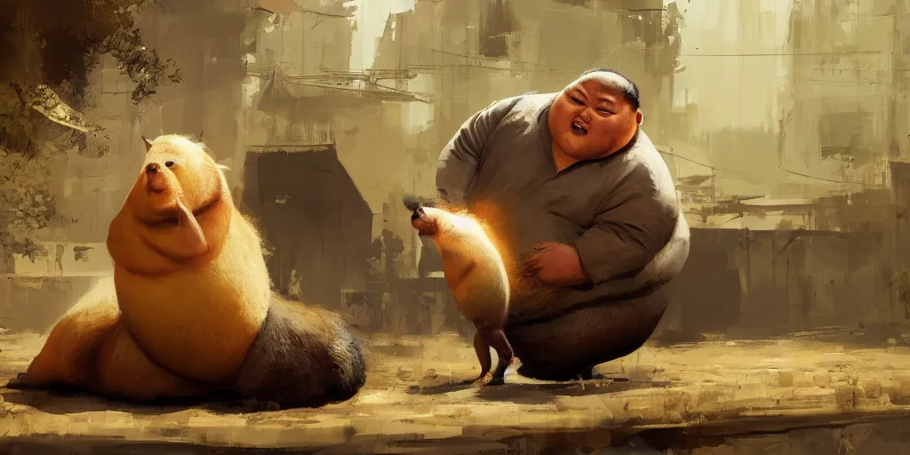 Image similar to A fat Chinese man preparing a capybara for lunch, artwork by Craig Mullins,Movie poster, detailed, trending on artstation