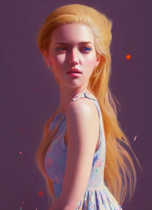 Image similar to ultradetailed beautiful painting of a stylish young lady wearing a cute dress, dramatic, she has blond hair, distressed, volumetric light, full body portrait by greg rutkowski, ilya kuvshinov, james jean, makoto shinkai, on artstation