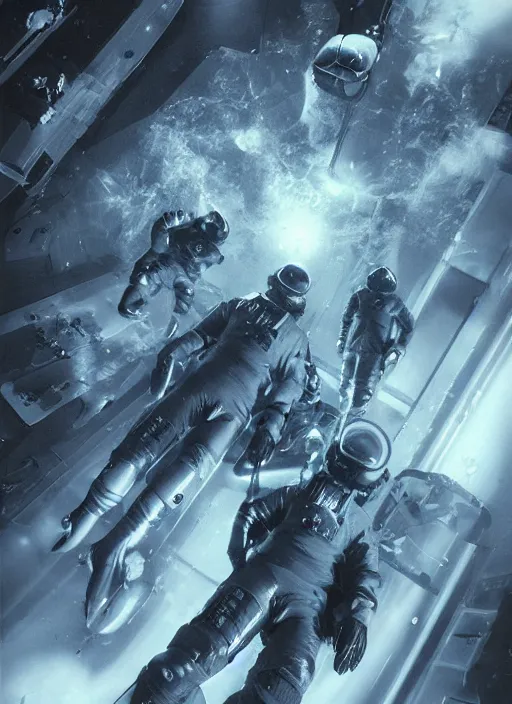 Image similar to astronauts in dark and empty void underwater - complex and dynamic composition. reflection and dispersion materials. rays and dispersion of light. volumetric light. 5 0 mm, f / 3 2. noise film photo. flash photography. ultra realistic, motion blur poster by wayne barlowe, hajime sorayama aaron horkey, craig mullins. dark key.