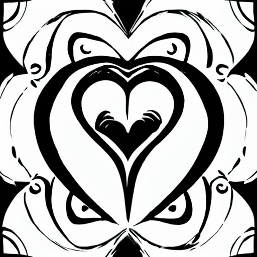 Image similar to clean black and white print, logo of a symmetric heart with a stylized symmetric gymnast human body form inside