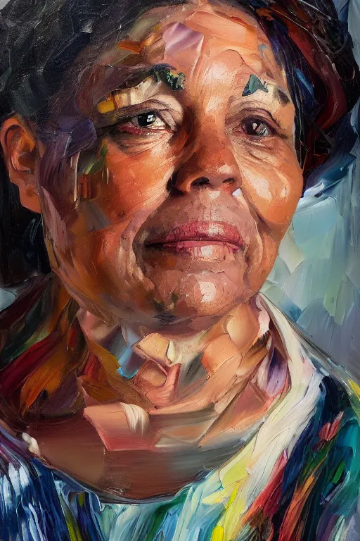 Prompt: palette knife oil painting portrait of geraldine granger, a kind hearted mental health professional who works as a social worker, extreme detail, artstation trending, artgerm, random racial background, deviant art, octane, substance, art history 8 k