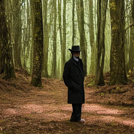 Prompt: shadowy man wearing a trenchcoat and a fedora in a liminal forest, uneasy feeling