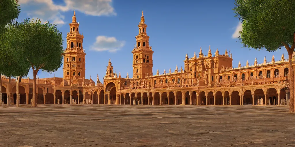 Image similar to ultra detailed and realistic painting of la plaza de espana ( seville ) inspired by very beautiful cute and colored disney movie backgrounds, rendered in 8 k unreal engine