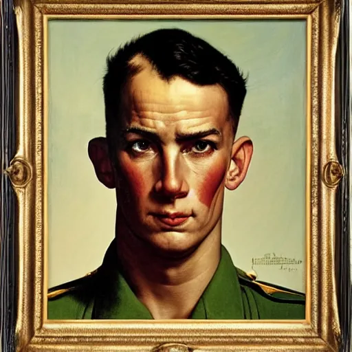 Image similar to frontal portrait of a soldier in attention, doing the loser hand gesture on his forehead, by Norman Rockwell and Gerald Brom