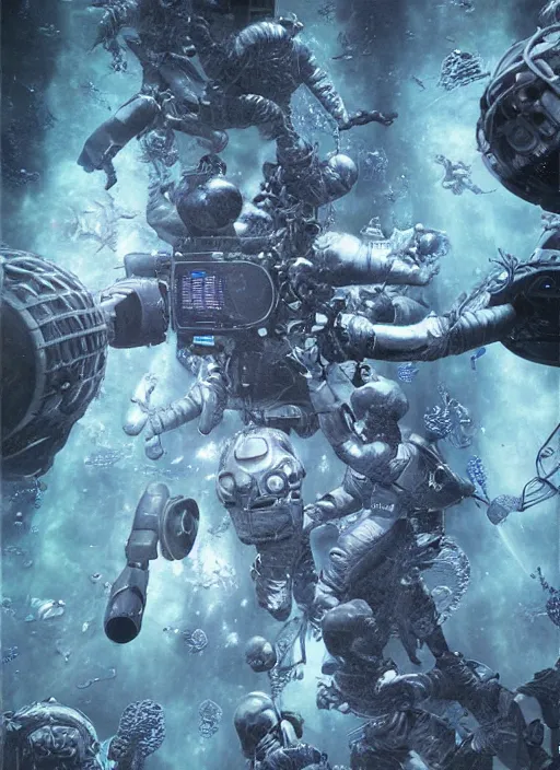 Image similar to astronauts in dark and empty void underwater poster - complex and hyperdetailed technical suit. reflection and dispersion materials. rays and dispersion of light. volumetric light. 5 0 mm, f / 3 2. noise film photo. flash photography. ultra realistic, wide angle. poster by wayne barlowe, hajime sorayama aaron horkey, craig mullins