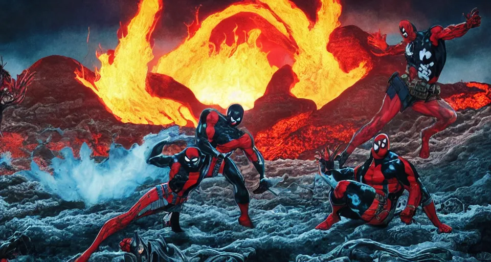 Image similar to Marvel Comics Dead Pool Battles Venom In A Volcanic Lava Pit, bats, sunset, volumetric lighting, hyperrealistic, beautiful details, HDR, octane render, action shot, wide angle, bokeh, Yasushi Niarasawa Moebius Jim Steranko Style