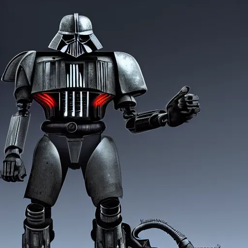 Image similar to huge power armor with servos from fallout in the style of Darth Vader from star wars in full body, realism, depth of field, focus on darth vader,
