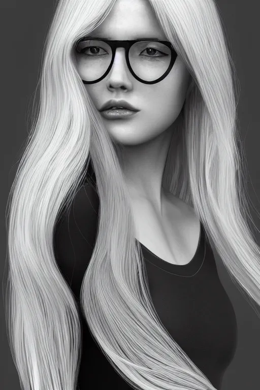 Prompt: detailed portrait of an attractive woman with long blonde hair and a full fringe, wearing large clear thin round glasses, wearing modern black clothes, trending art, award winning 3D cartoon render, art portrait, blender character design, pretty 3D illustration, highly detailed octane render, sakimichan