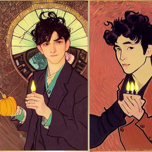 Image similar to painting of young cute handsome beautiful dark medium wavy hair man in his 2 0 s named shadow taehyung and cute handsome beautiful min - jun together at the halloween! party, bubbling cauldron!, candles!, smoke, autumn! colors, elegant, wearing suits!, delicate facial features, art by alphonse mucha, vincent van gogh, egon schiele