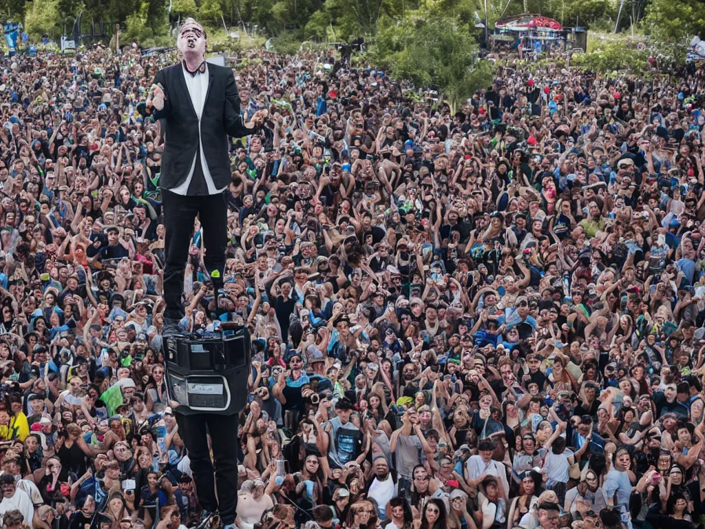 Prompt: mr peculiar is surrounded by incredible technology playing highly evolved music overlooking a crowd at a trance festival