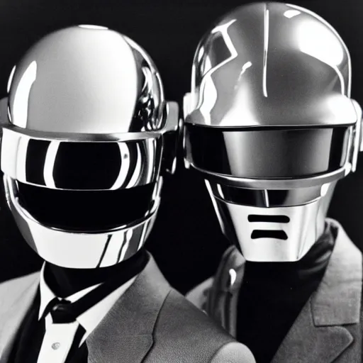 Prompt: bert & earnie dressed as daft punk 1999. black and white photography.