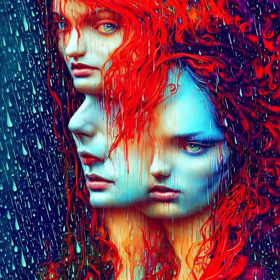 Image similar to bright asthetic portrait of LSD in rain with wet hair and face, liquid, fantasy, intricate, elegant, dramatic lighting, highly detailed, lifelike, photorealistic, digital painting, artstation, illustration, concept art, smooth, sharp focus, art by John Collier and Albert Aublet and Krenz Cushart and Artem Demura and Alphonse Mucha