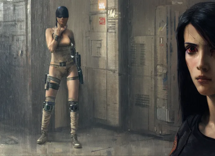 Image similar to Cyberpunk female hacker wearing stealth suit hiding from police patrol (blade runner 2049, cyberpunk 2077). Orientalist portrait by john william waterhouse and James Gurney and Theodore Ralli and Nasreddine Dinet, oil on canvas. Cinematic, hyper realism, realistic proportions, dramatic lighting, high detail 4k