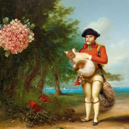 Image similar to a giant fluffy squirrel carrying napoleon bonaparte on its back, beach scene with flowers and foliage, detailed oil painting