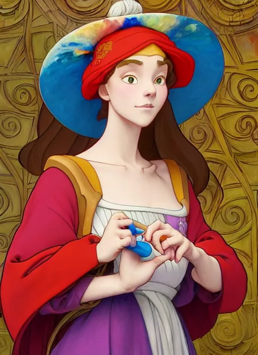 Prompt: regal medieval artist wearing colourful hat, holding a paint palette, natural lighting, path traced, highly detailed, high quality, digital painting, by don bluth and ross tran and studio ghibli and alphonse mucha, artgerm