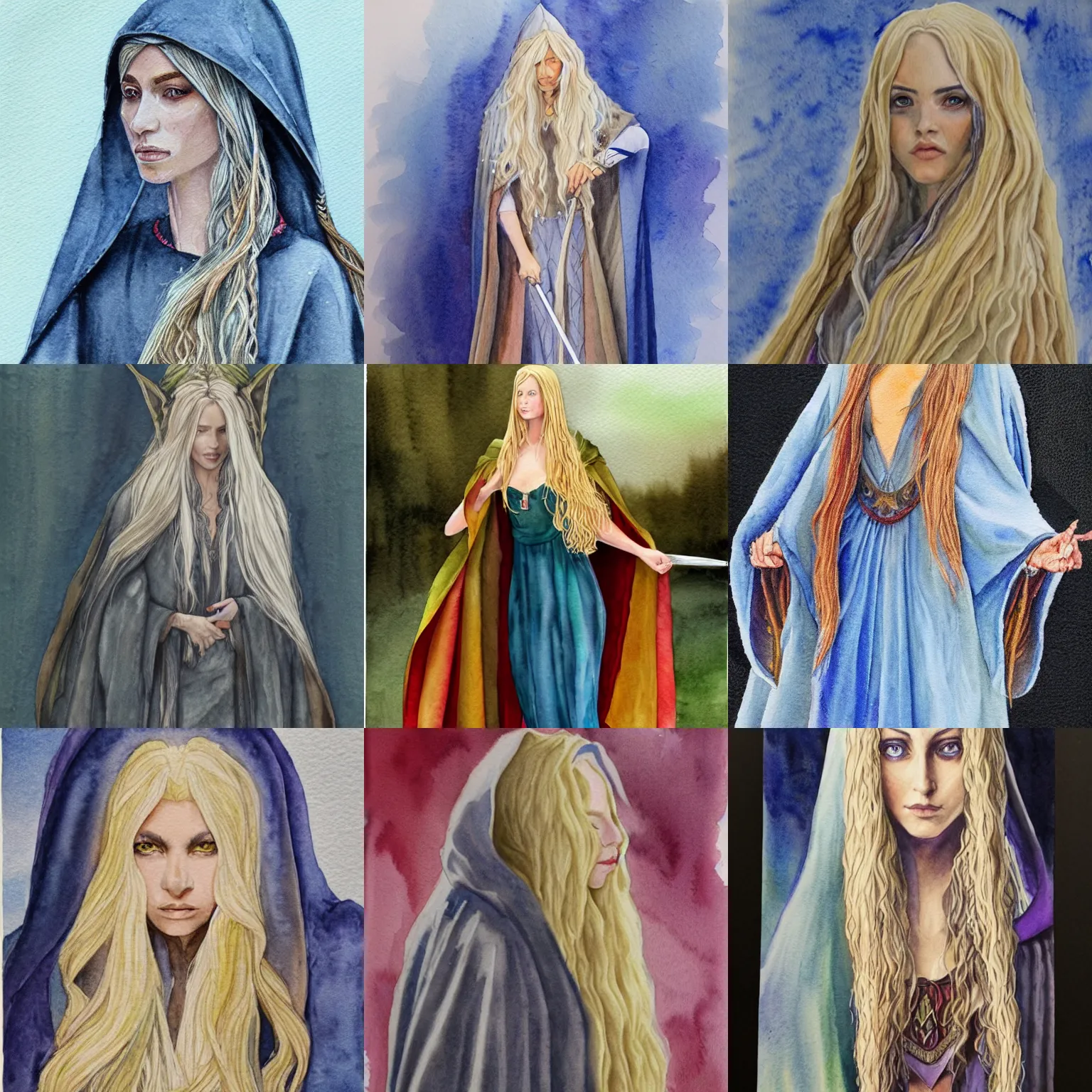 Prompt: watercolour of a female elven wizard with long wavy blond hair in a cloak, fantasy, hyperrealism