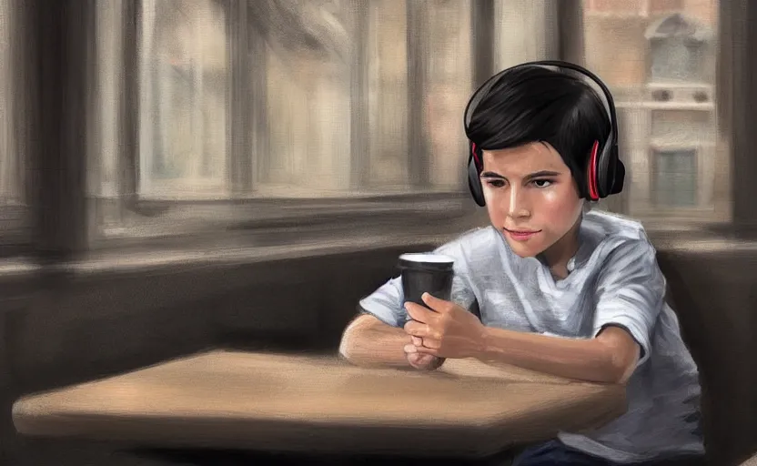 Prompt: a boy with headphones sitting on a table in a cafe with a coffee, digital art, digital painting, masterpiece, concept art, trending on deviantart, highly detailed, high quality, anatomically correct, five fingers, cinematic, high coherence, soft lighting, soft colors, beautiful, elegant, short black hair, 4 k, symmetrical, realistic and detailed face, cartoon