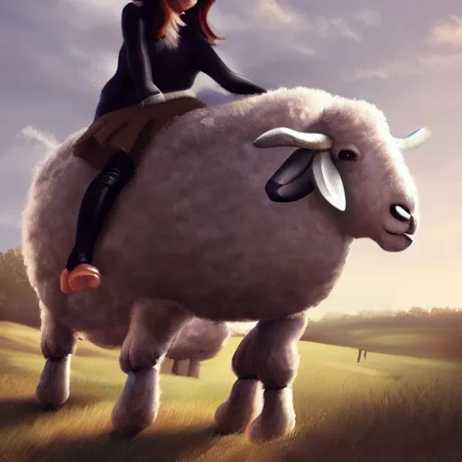 Prompt: girl riding a giant sheep at the farm, trending on artstation