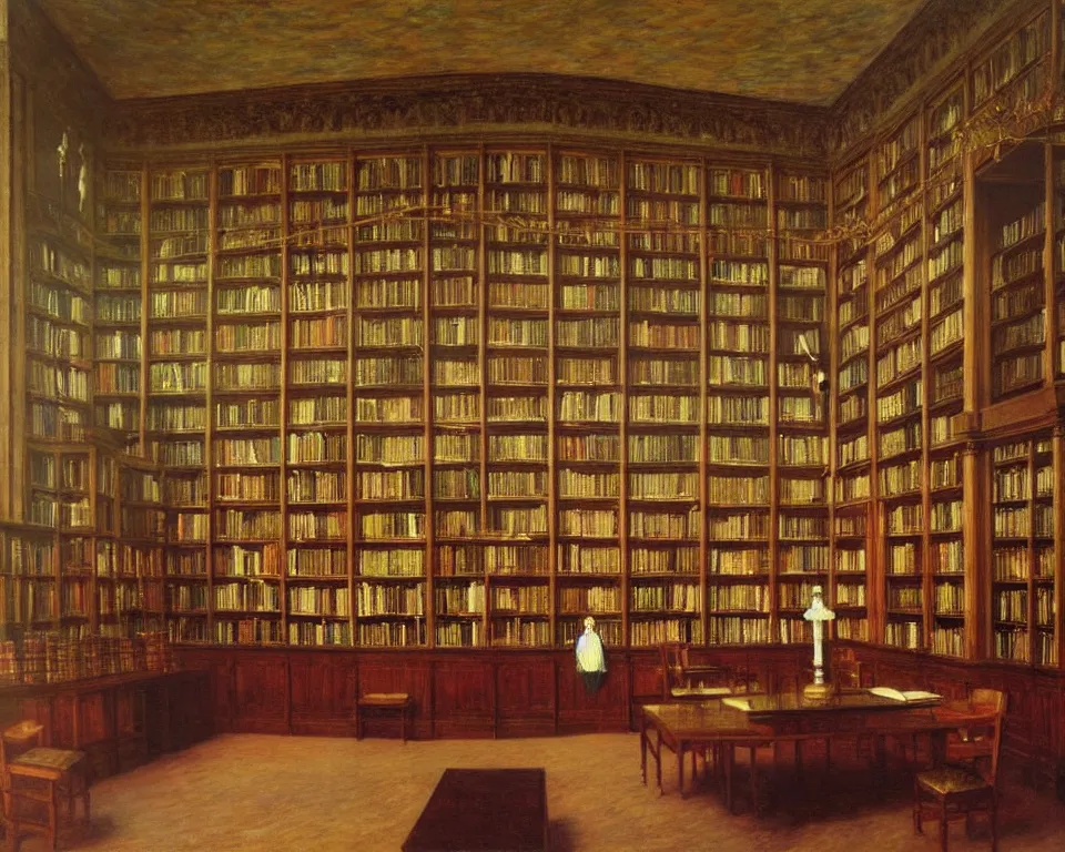 Prompt: achingly beautiful painting of a sophisticated, well - decorated, ornate library by rene magritte, monet, and turner.