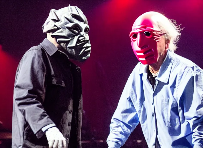 Image similar to publicity photo still of larry david wearing a slipknot mask touring with slipknot live on stage, 8 k, live concert lighting, mid shot