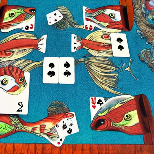 Image similar to two fishes sitting at a table playing cards at the bottom of the sea, the table has a checkered table cloth, lowbrow surrealistic, in the style of mark ryden,