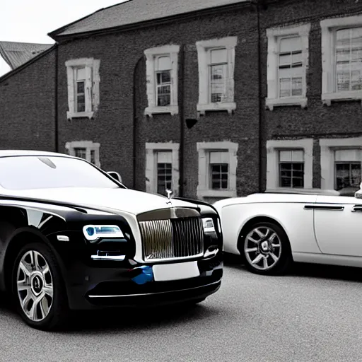 Image similar to Rolls Royce Wraith parked next to Model T ford, black and white